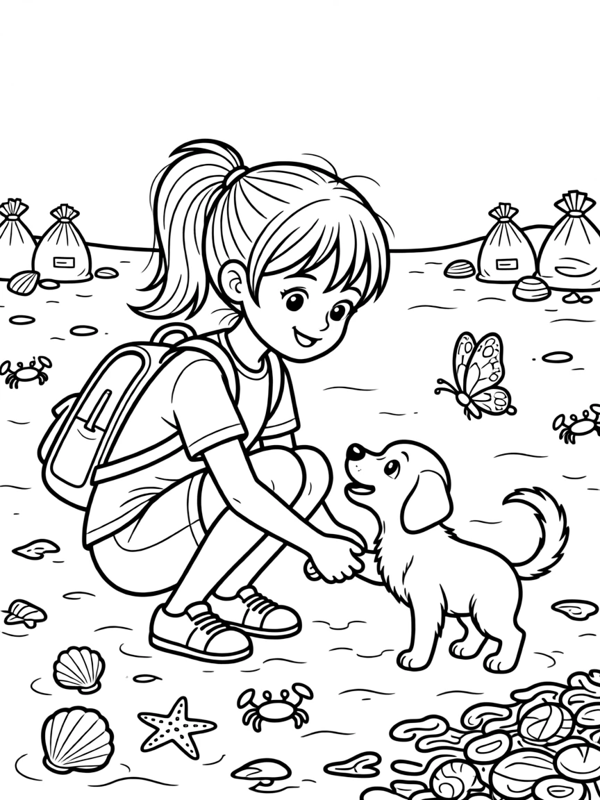 A girl with a backpack picking out a new puppy to adopt at a beach cleanup while a butterfly visits nearby.