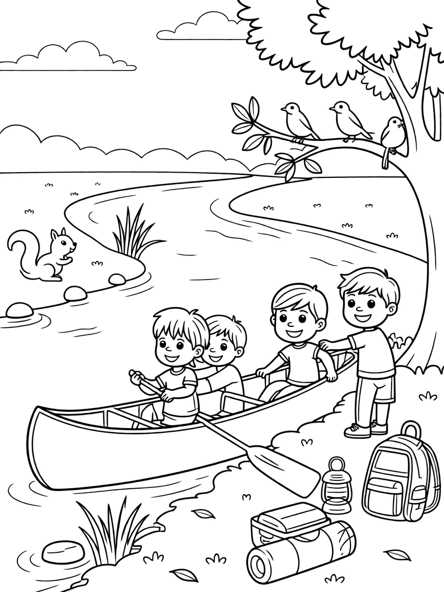 A team of neighborhood kids, loading camping gear into a canoe before setting off down the river.