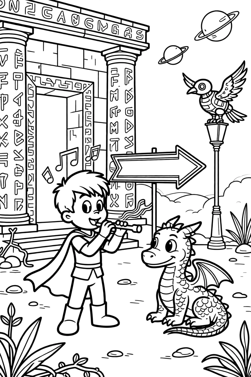 Scout Pogo, a brave color-changing superhero kid taming a wild but friendly space dragon with a gentle melody, in an ancient alien temple covered in glowing runes, with a floating signpost pointing to distant planets and a robotic bird perched on a lamp post nearby.