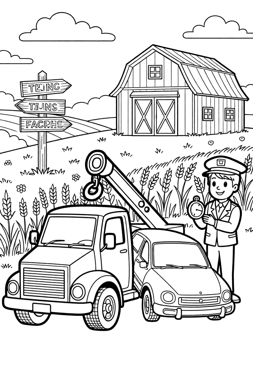 A tow truck lifting a stranded car with a hook takes center stage in a sunny farm with a red barn and rolling wheat fields, where a cheerful conductor checking a pocket watch can be seen nearby, surrounded by an old wooden signpost pointing to faraway towns.