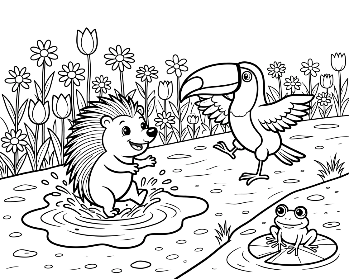 A porcupine along a dusty savanna trail, splashing happily in a puddle with a toucan, next to a field of wildflowers, while a curious frog watches from a lily pad.
