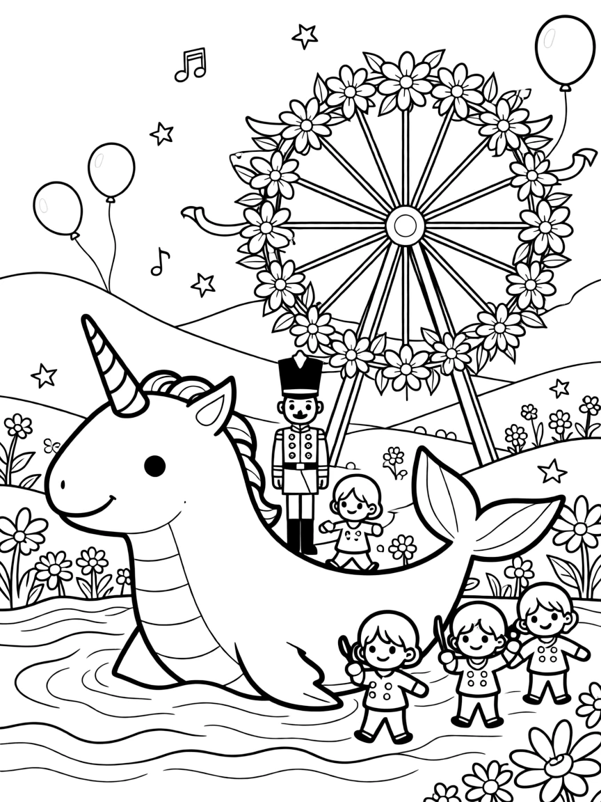 A cheerful narwhal unicorn of the sea takes a break from adventures to try training for a big race with a team of tiny helpers at a carnival with a Ferris wheel made of flowers, with a wind-up toy soldier standing at attention close behind. Giggles echo happily through the whole valley.