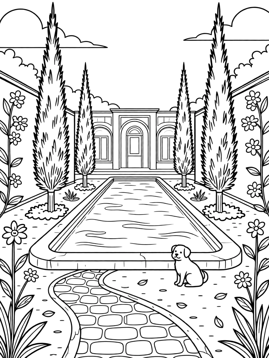 A coloring page of a charming home scene in Iran showing a garden courtyard with a reflecting pool and rows of cypress trees, with a garden path, a small pet, and flowers growing along the walls.