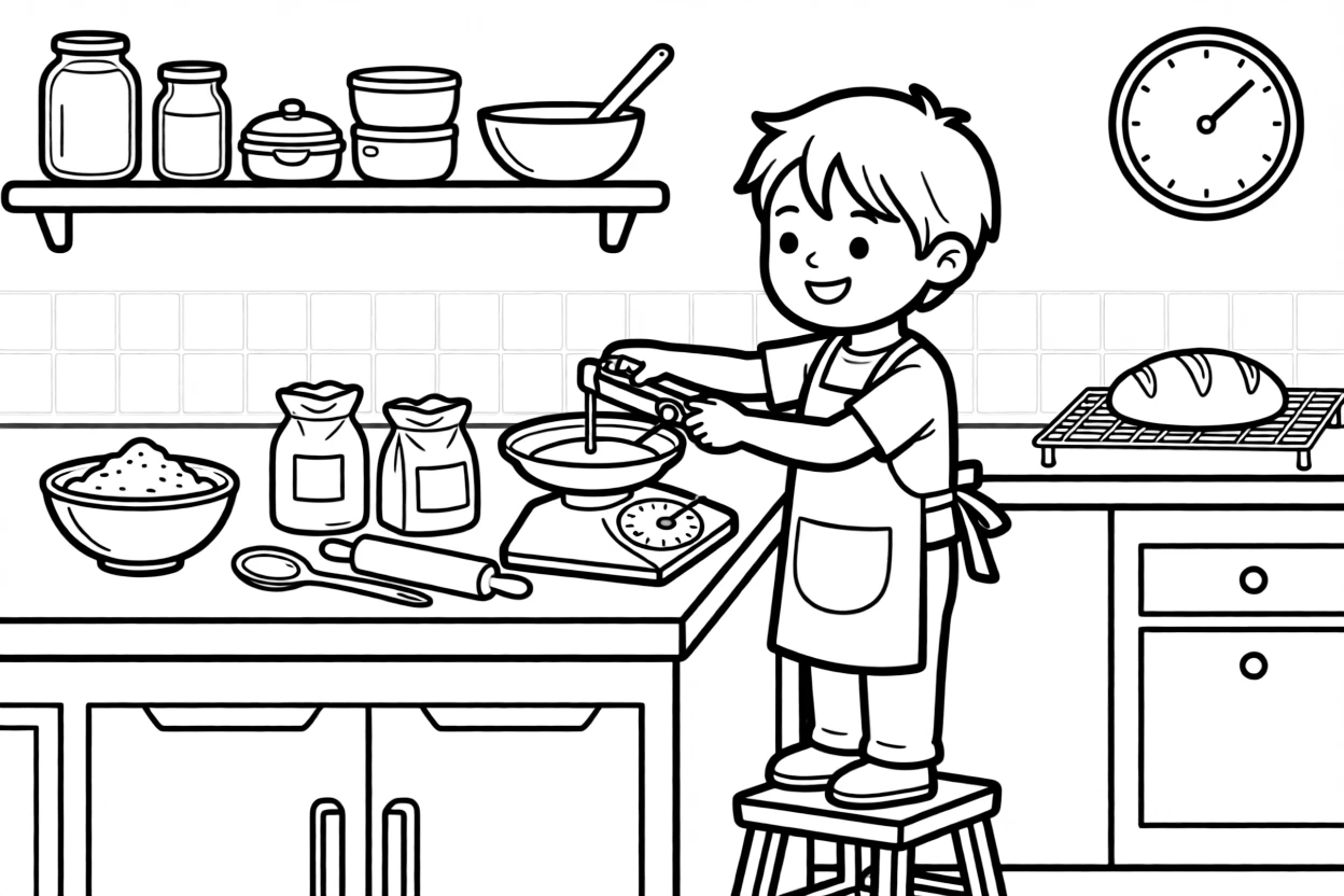 a cheerful young boy measures ingredients on a scale while learning to bake bread at a bakery.