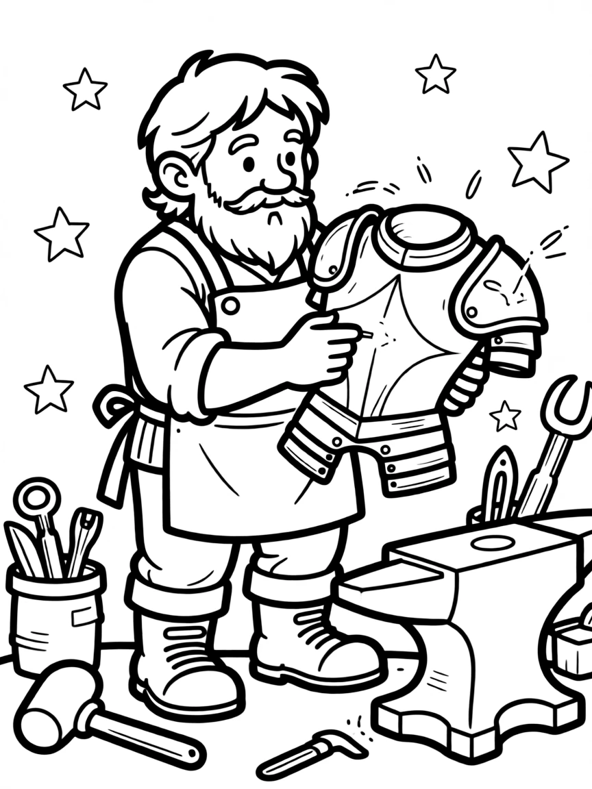 A dwarf smith crafts a suit of armor from starlight-infused metal, the finished breastplate glowing faintly like moonlight.