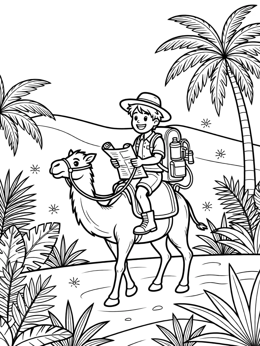 [Explorers] A dynamic scene shows a desert explorer riding a camel crossing rolling sand dunes deep in a tropical jungle, grinning with excitement. Close by, a map is tucked under one arm. A backpack full of gear sits ready. The moment unfolds just after a rainstorm, with fireflies beginning to glow, filled with energetic detail perfect for a young colorist.