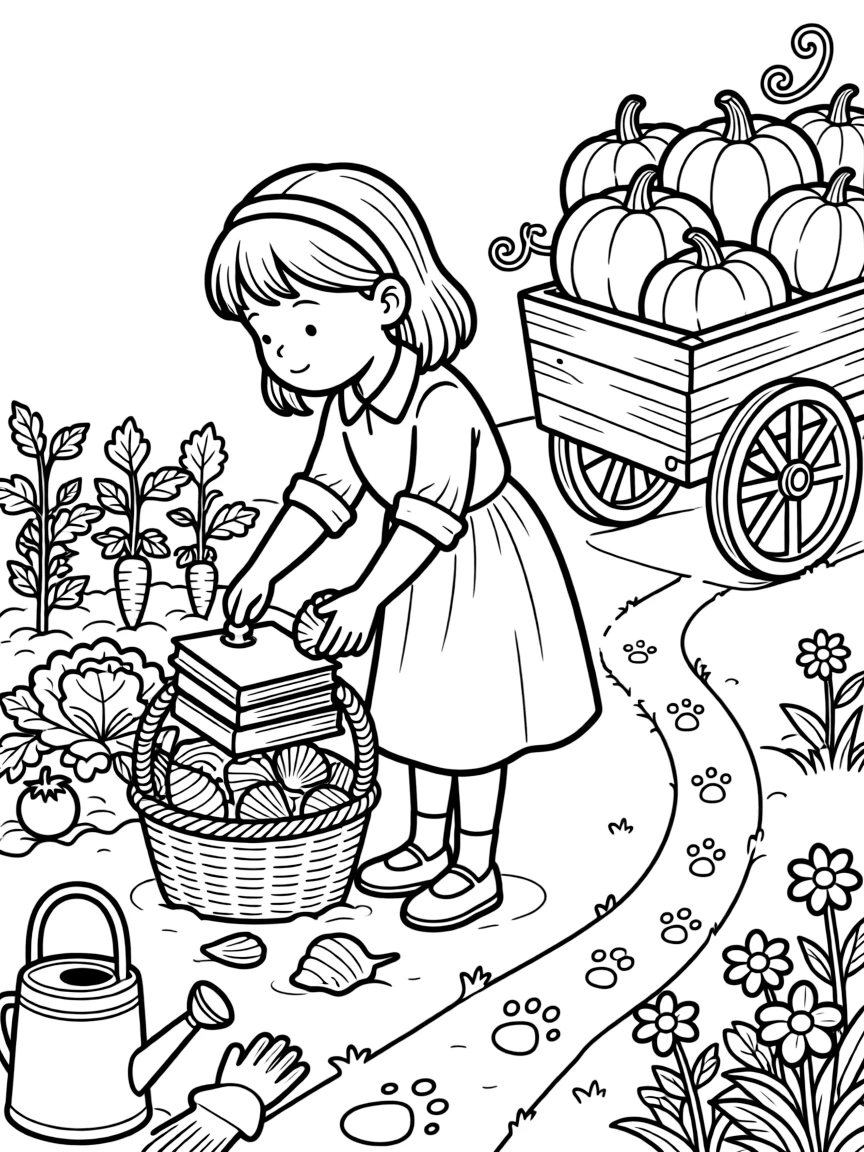 A girl librarian stamping a stack of books is gathering seashells into a woven basket in a vegetable garden at harvest time. Just beyond, a wagon piled high with pumpkins and a trail of tiny paw prints leading away make the setting feel extra special.