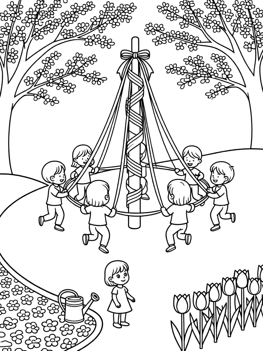 Children dancing around a ribboned maypole along a path lined with blossoming cherry trees, alongside a shy toddler taking it all in and a watering can beside a flower bed, with a row of colorful tulips close by.