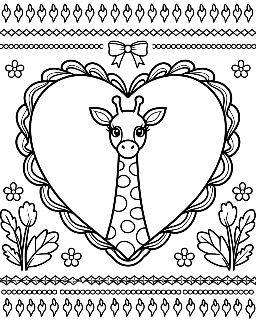Zoo & Safari Animals: The page presents a small themed scene built around a giraffe with a long patterned neck, tied together by a heart-shaped mandala framed by soft curling loops. The scene is placed in the center of a small symmetrical scene, with matching background details balanced evenly on both sides. Decorative details fill the surrounding space, including a repeating chain of small diamonds, a trail of evenly spaced dots, and flame-shaped tips curling upward woven throughout the background. A playful extra touch completes the page: a small ribbon bow tied neatly at the top of the design.