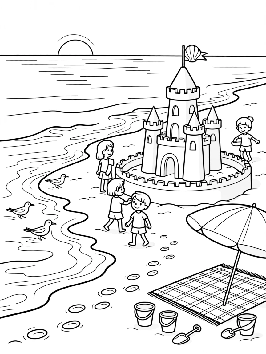 [Sandy Beaches] A group of children build an elaborate sandcastle complete with towers, a moat, and a seashell flag. Sandpipers dash along the shoreline, chasing the retreating waves. A striped beach umbrella and a woven picnic blanket sit near a row of overturned buckets and shovels. Soft morning light glows over the calm sea as the first footprints appear in the sand.