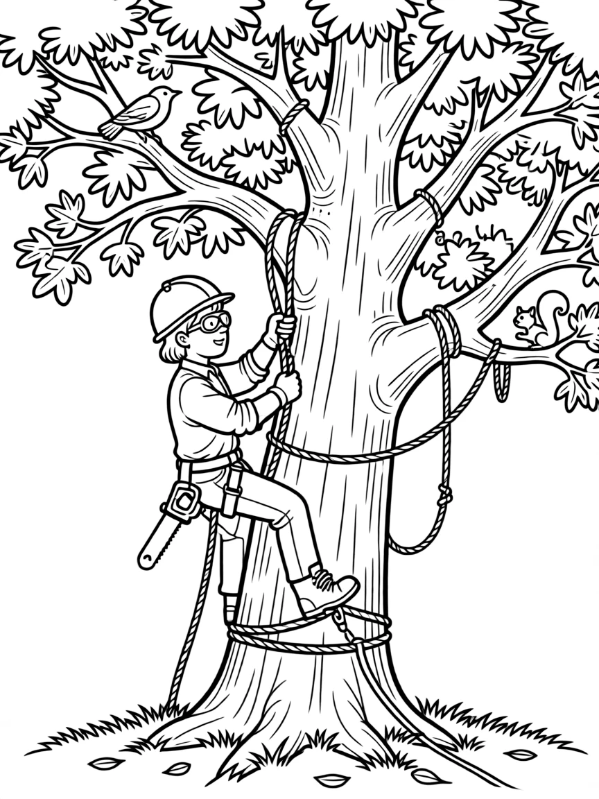 A tree surgeon climbs a tall oak tree with ropes and a small saw.