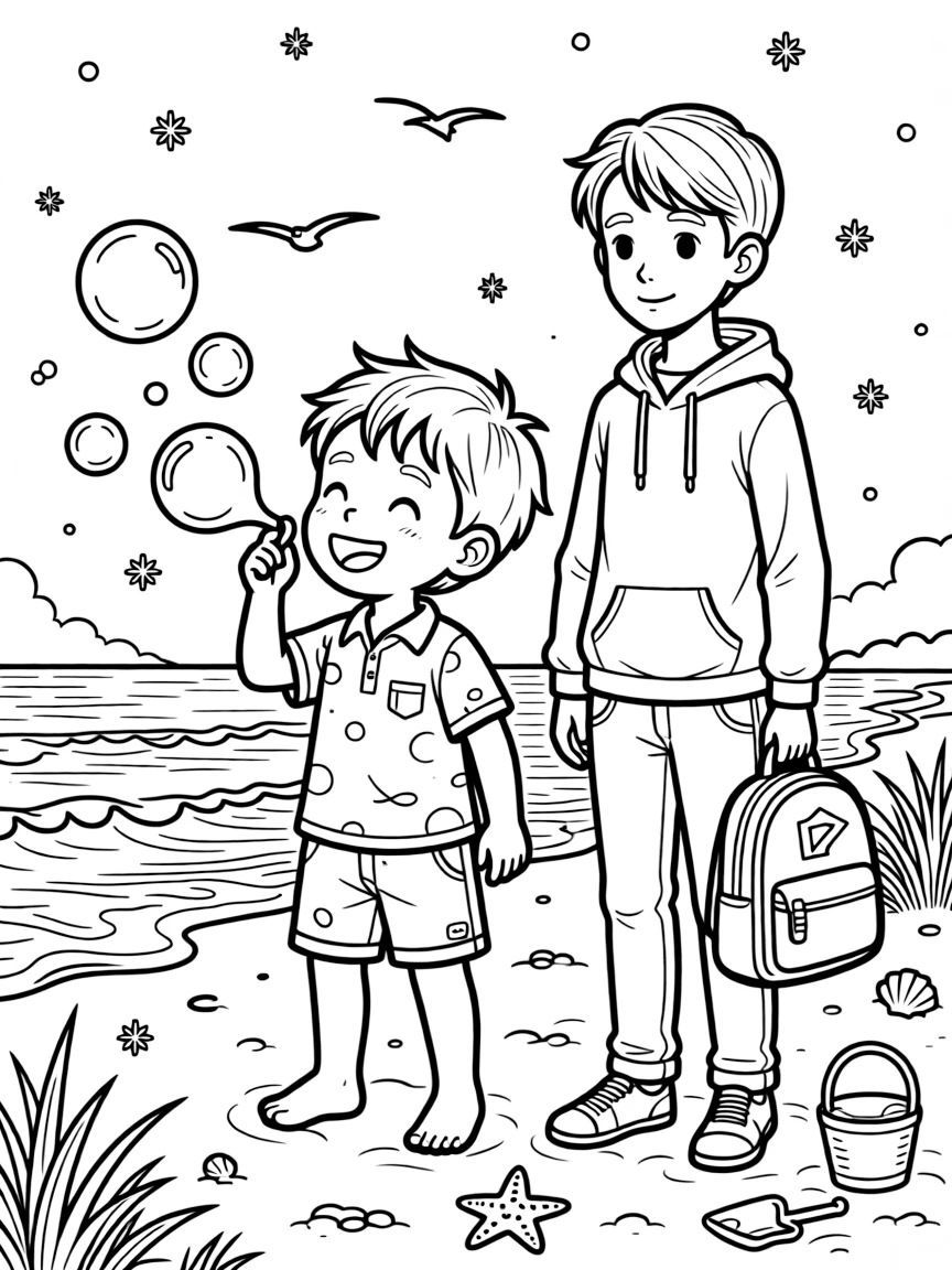 A boy with a missing front tooth blowing bubbles together with an older sibling home from college at the beach while snowflakes fall softly.
