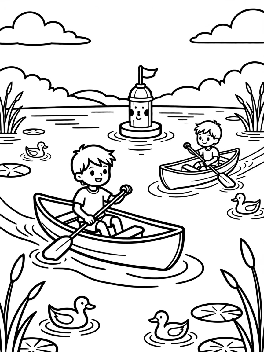 A shy new student, racing another canoe across a lake toward a floating finish buoy.