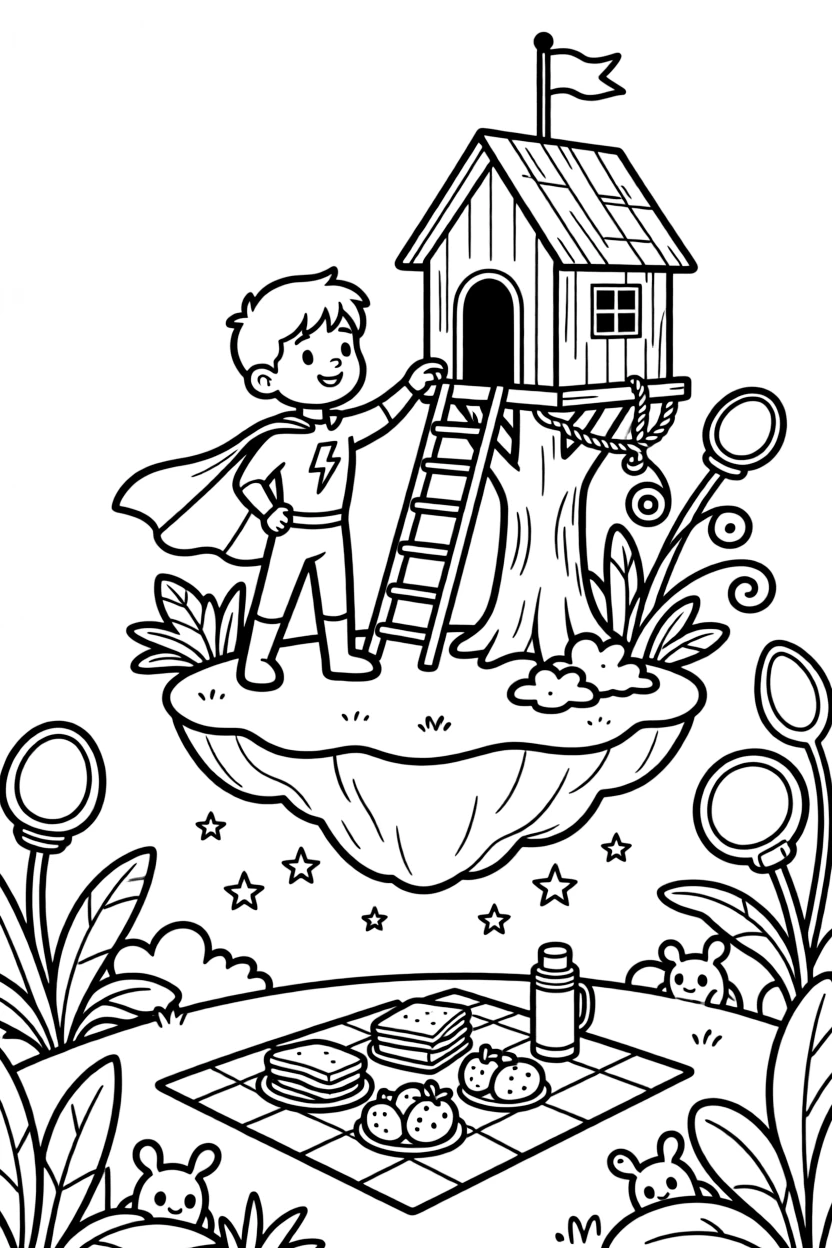 In a lush alien jungle planet with oversized glowing plants, Captain Atlas, a clever electric-powered superhero kid constructing a treehouse on top of a floating island, while a picnic blanket spread with snacks under the stars adds to the excitement.