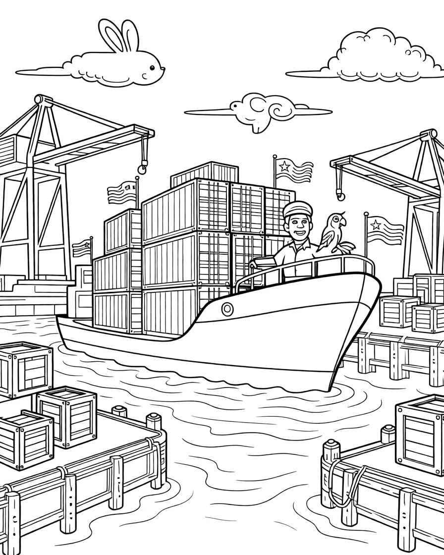 A coloring page featuring a stacked cargo container ship gliding into harbor, traveling through a busy harbor lined with docks, cranes, and stacked crates, with a parrot perched on the captain's shoulder and fluffy clouds shaped like animals drifting overhead and colorful flags fluttering from every corner filling the scene.