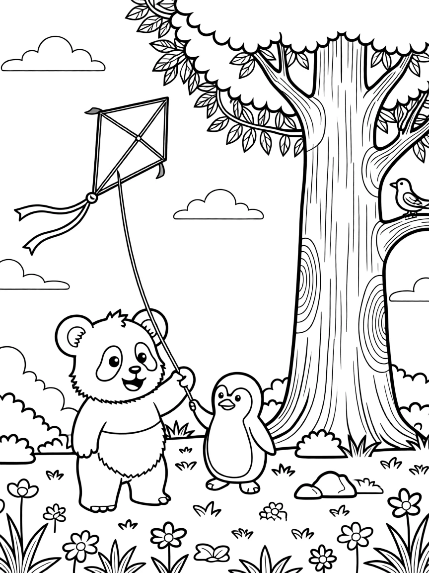 A panda cub near a waterfall, flying a kite with a chubby penguin, next to a giant redwood tree.