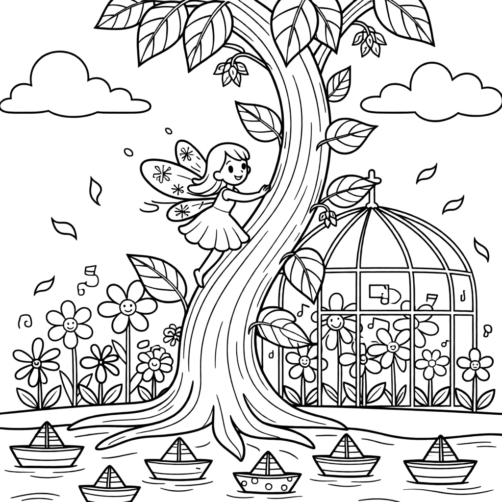 A shy snow fairy takes a break from adventures to try climbing to the top of a beanstalk that reaches the clouds in a greenhouse filled with singing flowers, with a fleet of tiny paper boats racing along close behind. A gentle breeze carries the sound of joyful laughter.