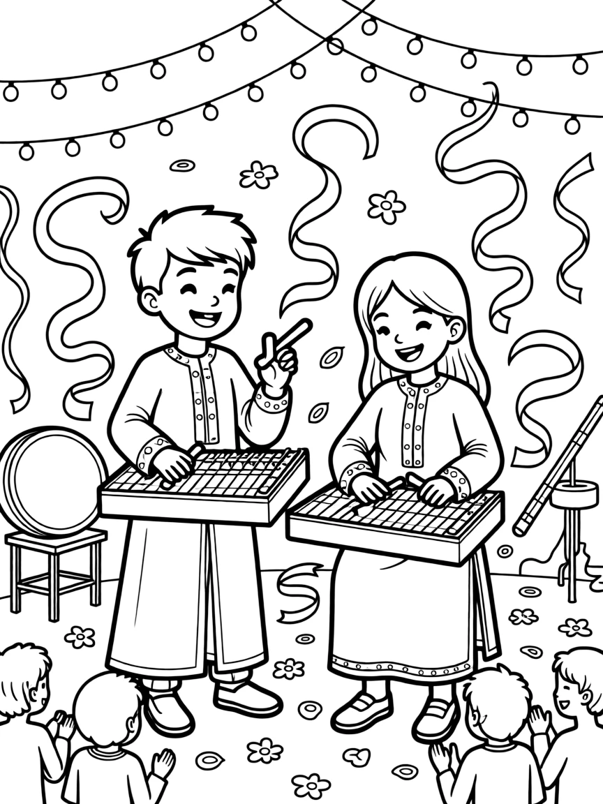 A coloring page of a lively performance in Iran featuring musicians playing the santur hammered dulcimer at a celebration, decorated with ribbons, streamers, and twinkling string lights overhead.