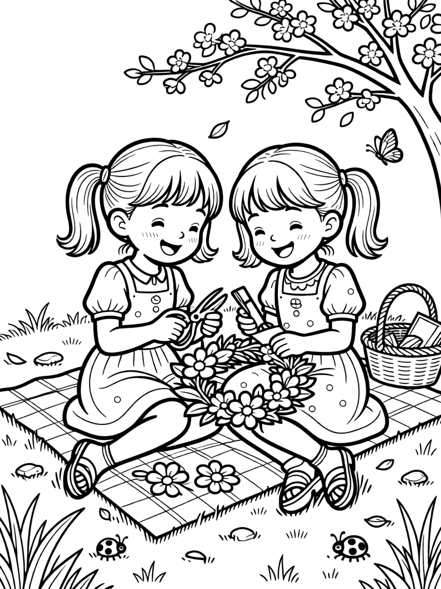 giggling twin sisters make a wreath of paper flowers for a spring cultural celebration.