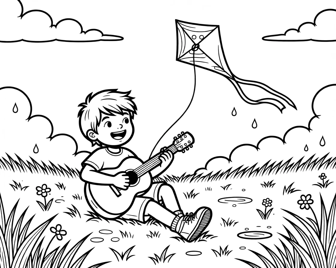 [Hobbies] a young musician playing a guitar strumming a cheerful tune in an open grassy field, gasping in amazement, while the kite dances high against blue sky fills the surrounding area. A sense of focus and fun fills the moment. Set just after a rainstorm, with a light breeze blowing, the page bursts with adventure and imagination.