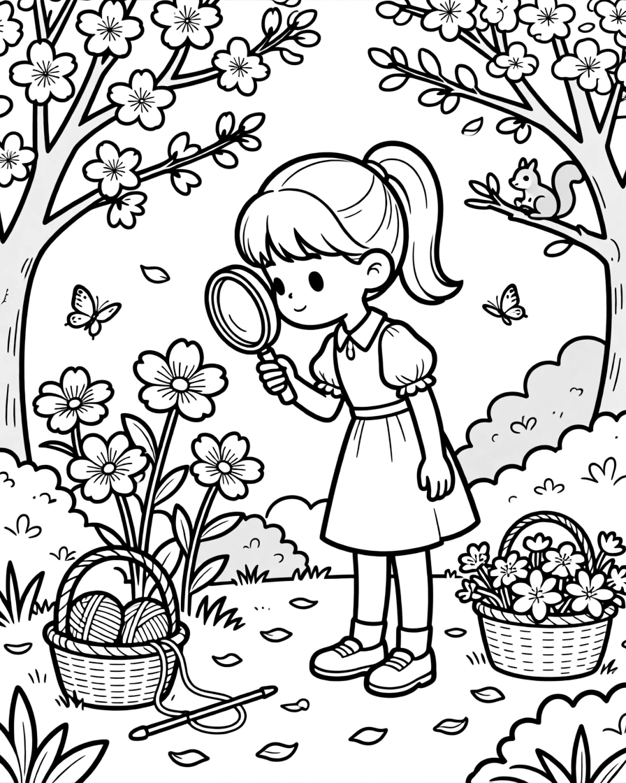 A girl detective with a magnifying glass is tending a garden of glowing enchanted flowers in a blooming cherry blossom park. Scattered nearby, a basket of yarn and knitting needles nearby and a basket brimming with fresh flowers add to the delightful moment.