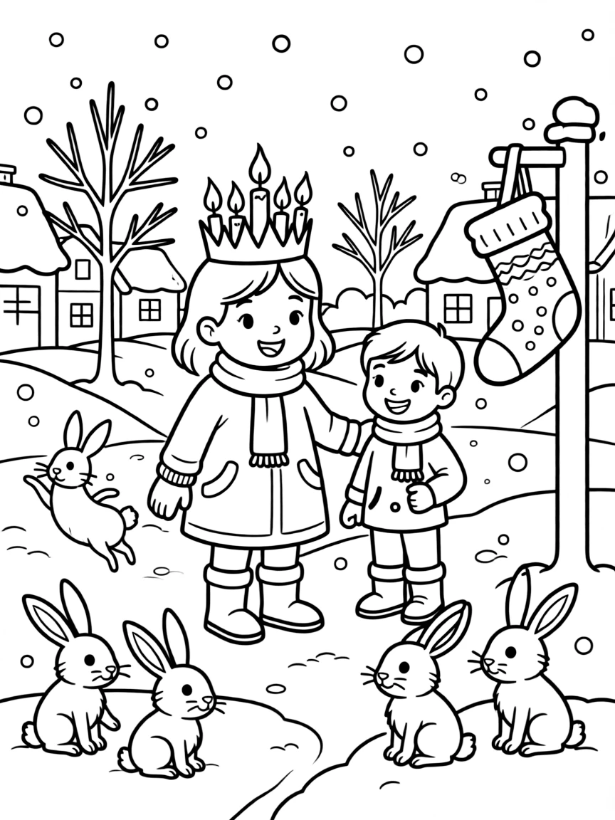 A girl wearing a crown of glowing candles on a snow-covered village square, while a grinning child looks on nearby, a knitted stocking hung with care and a family of snow-covered rabbits completing the scene.