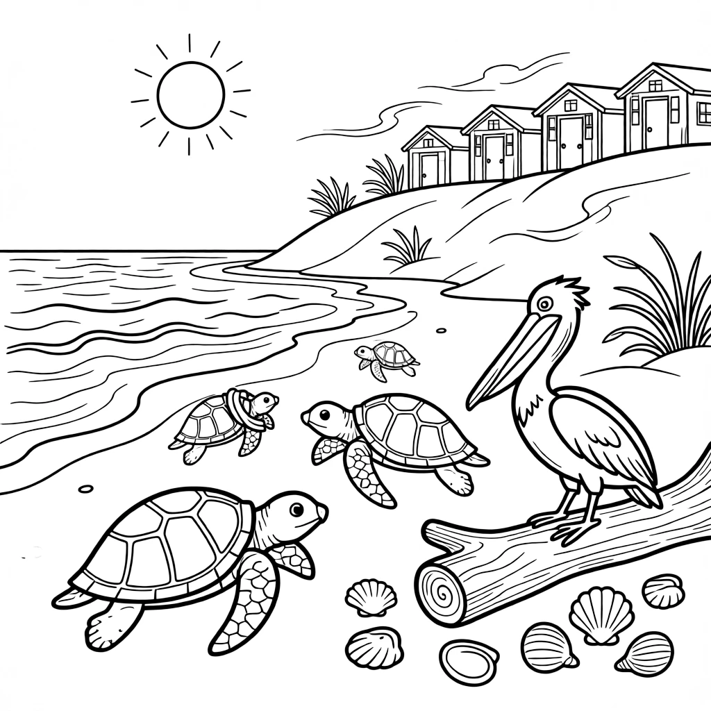 [Sandy Beaches] A family of sea turtles makes its way across the sand toward the sparkling ocean. A pelican perches on a weathered piece of driftwood near a cluster of seashells. A row of colorful beach huts lines the top of the dune, overlooking the sparkling sea. A warm breeze carries the scent of salt water beneath a bright midday sun.