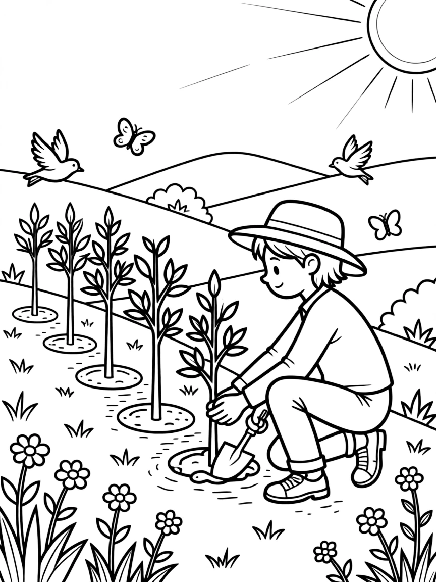 A conservationist plants a row of young trees on a sunny hillside.