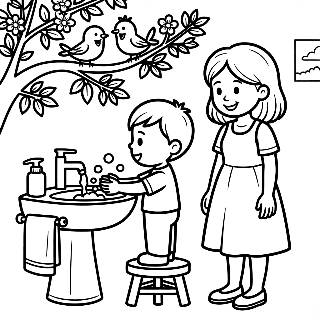 A little brother washing hands before dinner with a big sister as birds chirp in a nearby tree.