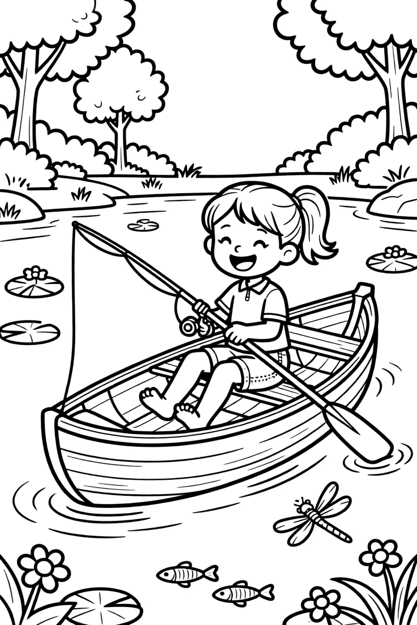 An energetic girl with a big smile, fishing from the middle of a canoe anchored in a peaceful cove.