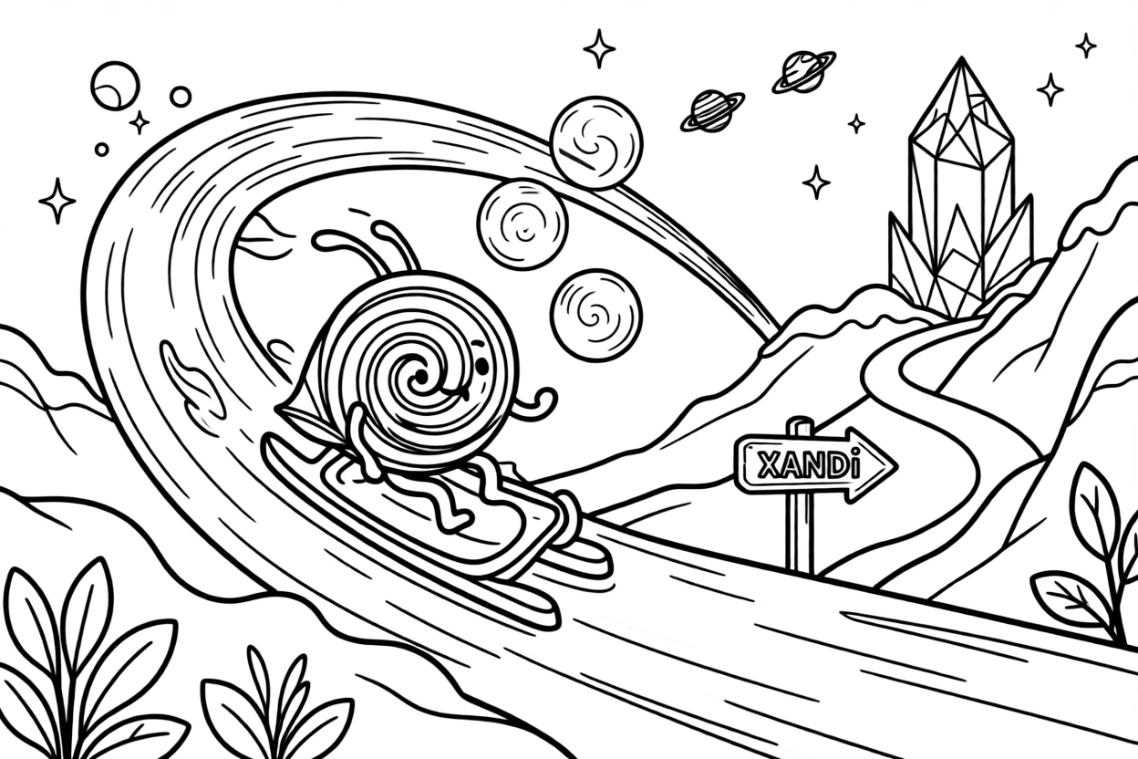 Xandi, an alien musician with a spiral shell body sledding down a comet's icy tail in a mountain trail winding up to a glowing crystal peak, as a cluster of soap-bubble-like energy shields and a floating signpost pointing to distant planets fill the scene.