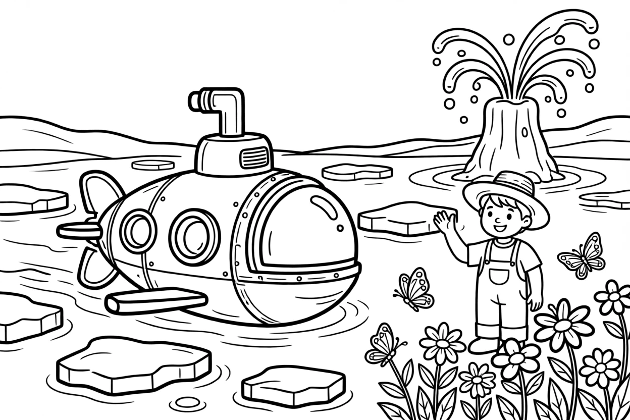 In this scene, a mini submarine explorer with a bubble-shaped window is the star of an icy arctic field with drifting chunks of blue-white ice, joined by a friendly farmer tipping his straw hat, with butterflies fluttering near a patch of wildflowers and a bubbling geyser shooting up in the distance scattered throughout for kids to color.