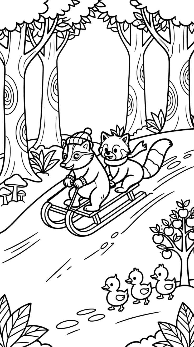 A badger sledding down a snowy hill with a red panda in an enchanted forest clearing, near a apple orchard, with a family of ducklings following behind.