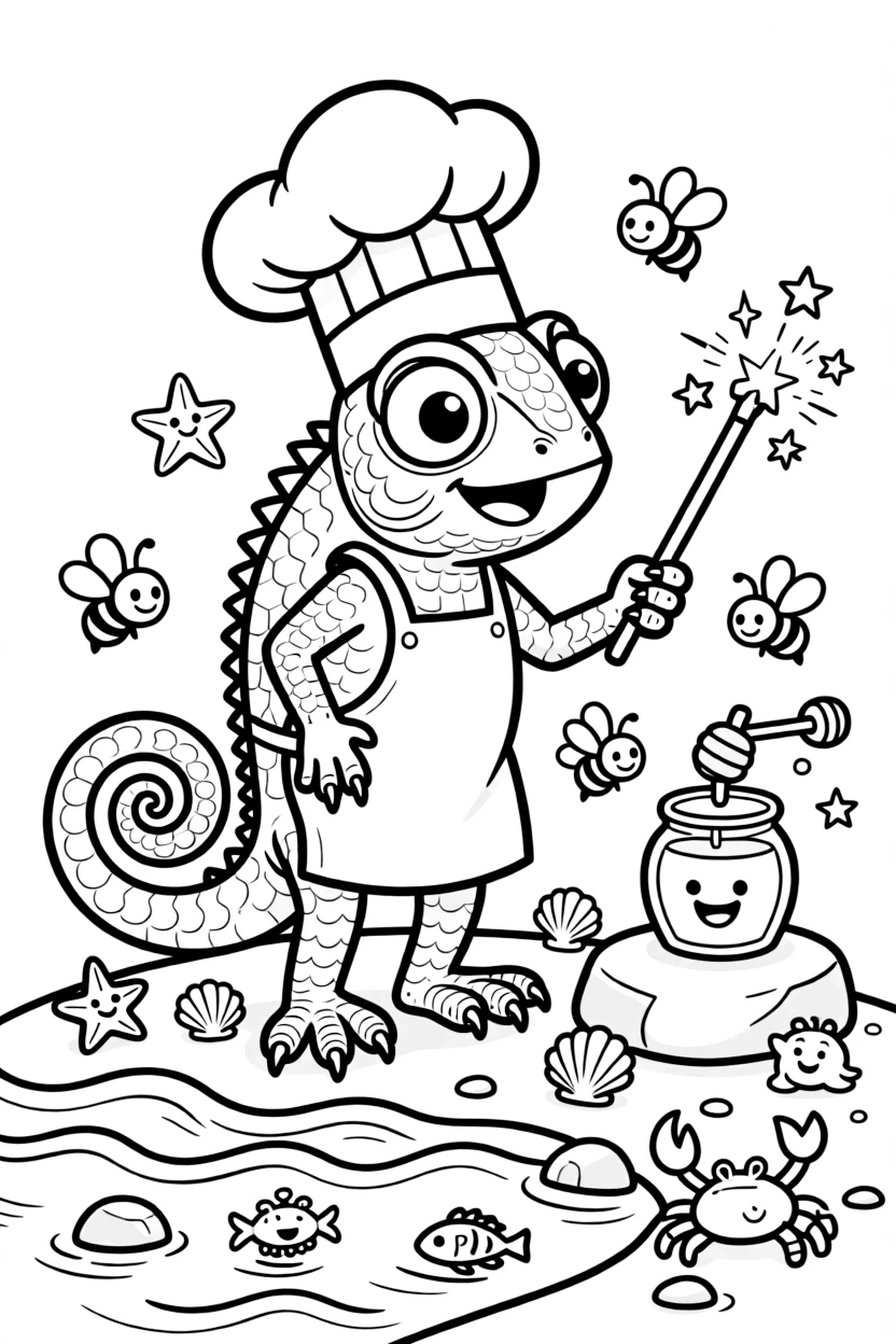A fearless chameleon chef takes a break from adventures to try practicing magic tricks with a sparkly wand at a tide pool bustling with tiny sea creatures, with a swarm of bees buzzing around a honey jar close behind. The whole gang can't stop smiling.