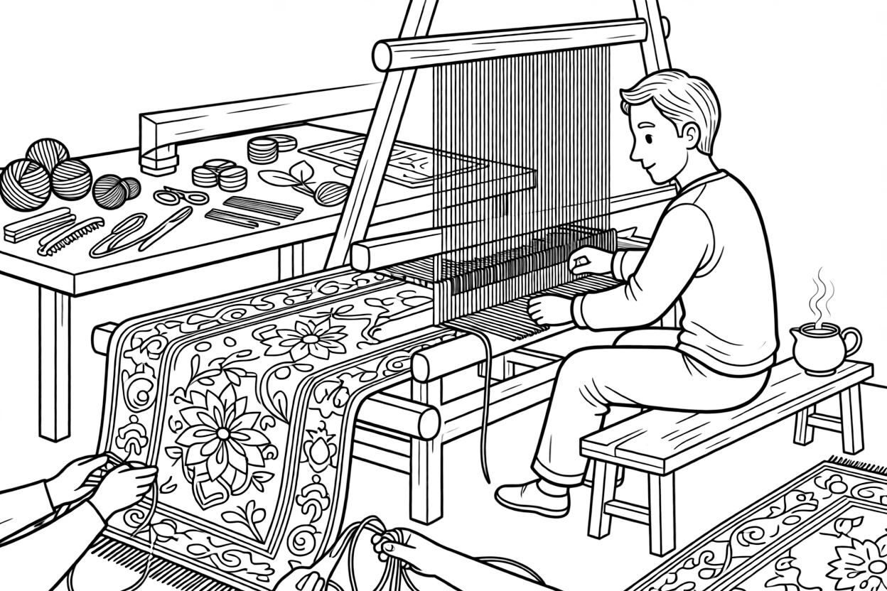 A coloring page of a craftsman weaving an intricate Persian carpet with floral patterns in Iran, shown step by step with helpful hands and a workshop table full of materials.