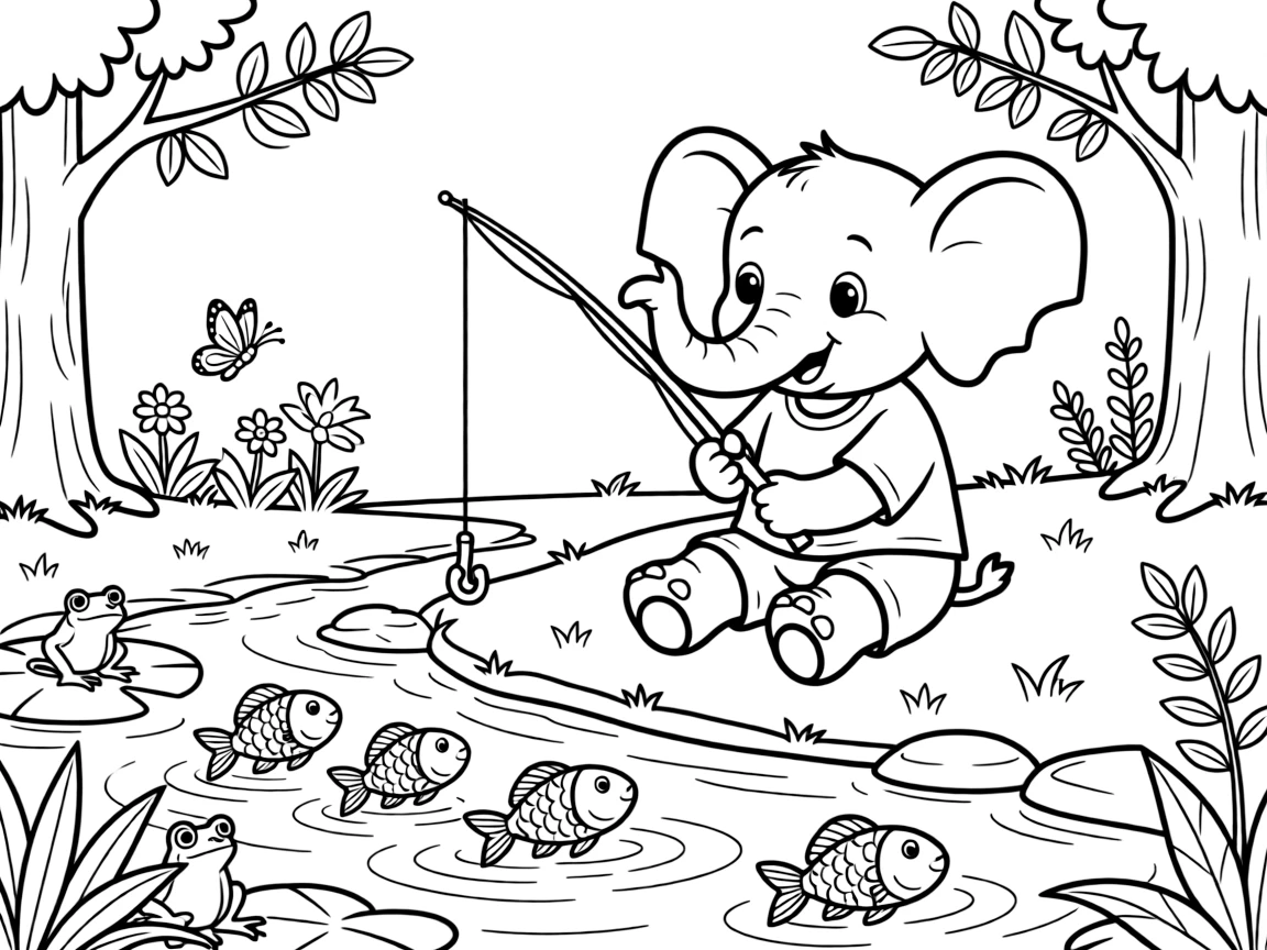 an excited a baby elephant learns to count fish while fishing beside a quiet forest stream.