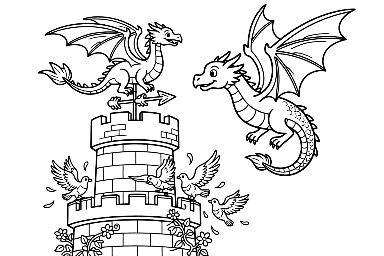 A dragon-shaped weathervane atop a castle tower spins wildly as an actual dragon flies past, startling the roosting pigeons.