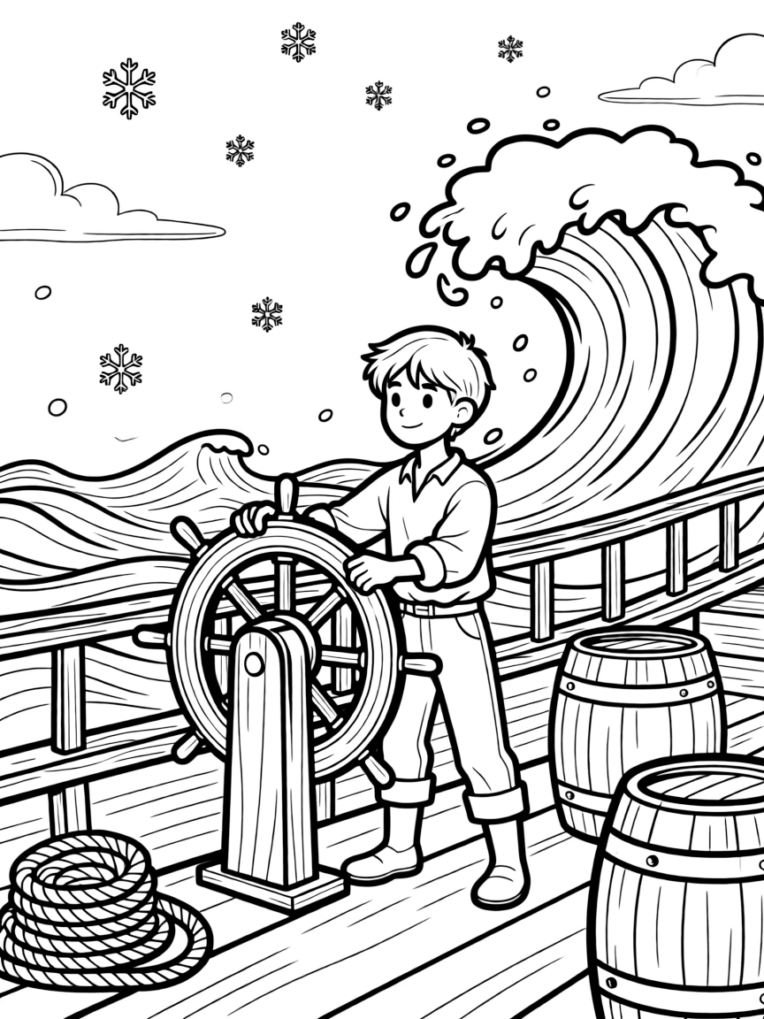 [Pirates] a young pirate cabin boy steering a ship through stormy waves on the deck of a pirate ship. In the background, waves crash against the ship's hull, adding extra fun to explore. Coiled ropes and barrels sit on the deck. It all happens on a crisp autumn afternoon, with snow gently falling.
