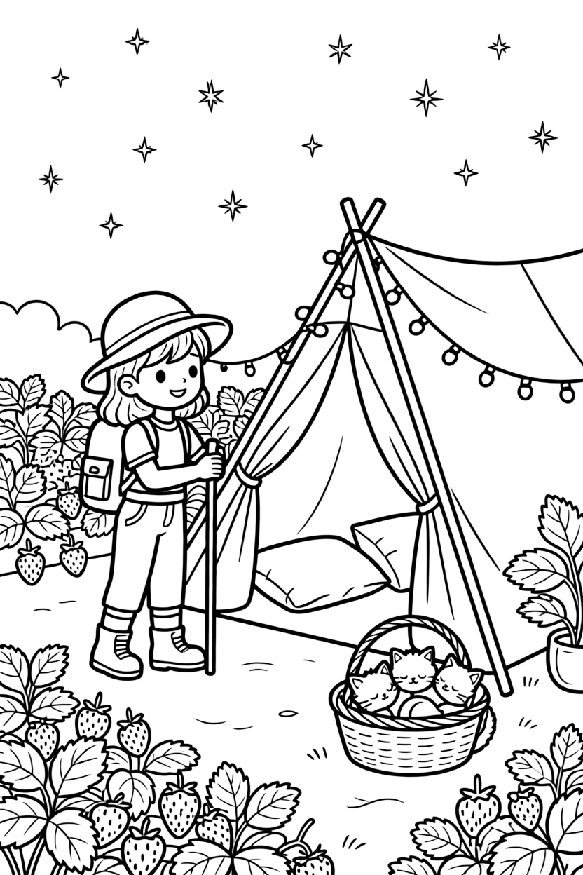 A girl hiker with a walking stick and floppy hat is building a blanket fort strung with fairy lights at a strawberry patch ready for picking. Scattered nearby, a basket of sleepy kittens curled together and sparkling stars scattered across the sky round out the happy picture.