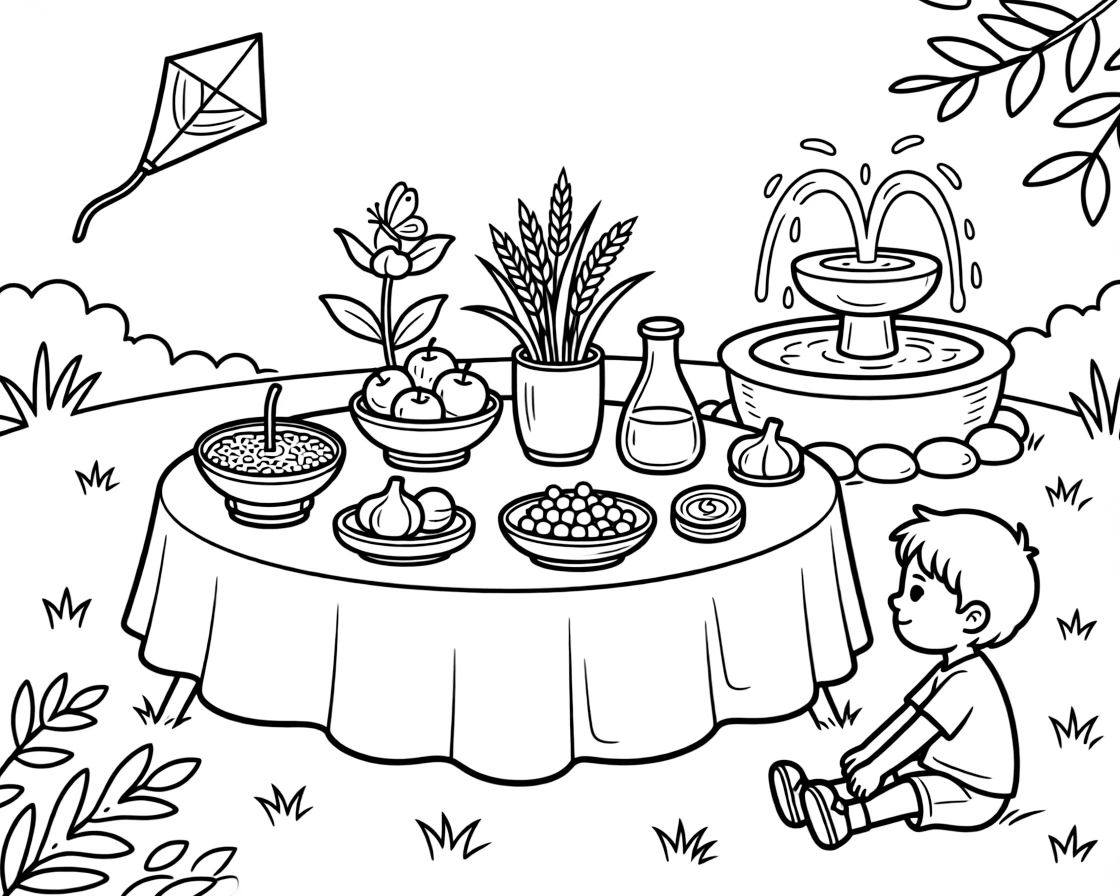 A table set with the seven symbolic Haft-Seen items in a green park with a bubbling fountain, while a curious little boy looks on nearby, a kite shaped like a bird and a butterfly resting on a petal completing the scene.