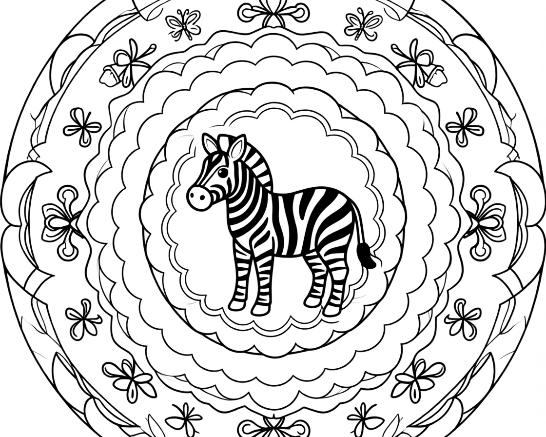 Zoo & Safari Animals: The main subject is a zebra with bold curved stripes, drawn as the focal point of a cloud-ring mandala made of puffy overlapping curves. It is placed at the very center of the page, with the surrounding rings growing larger and more detailed toward the outer edge. Decorative details fill the surrounding space, including loops of ribbon curling back on themselves, clusters of tiny acorns, and rows of teardrop-shaped petals woven throughout the background. A playful extra touch completes the page: a pair of small butterflies fluttering near the top of the page.