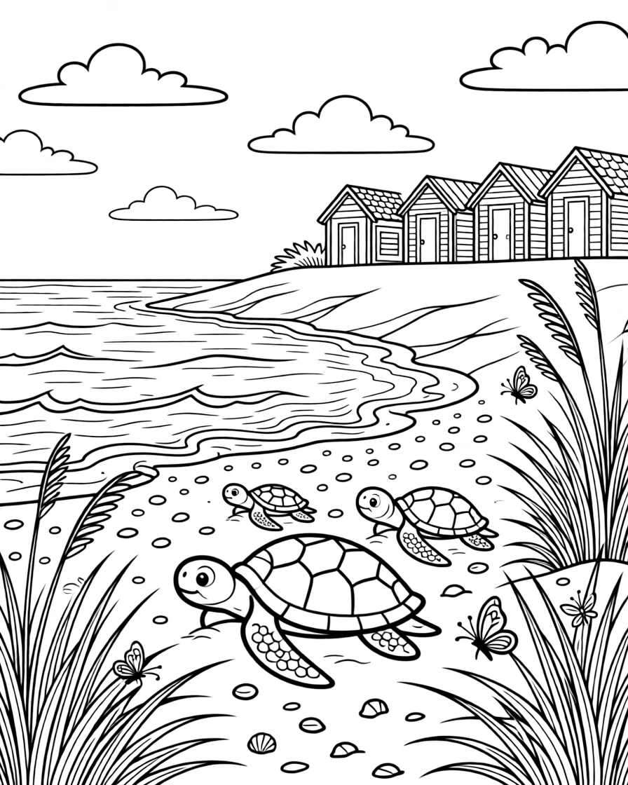[Sandy Beaches] A family of sea turtles makes its way across the sand toward the sparkling ocean. Butterflies drift over beach grass growing along the edge of the dunes. A row of colorful beach huts lines the top of the dune, overlooking the sparkling sea. The sun sparkles across the gentle waves beneath a sky dotted with fluffy clouds.