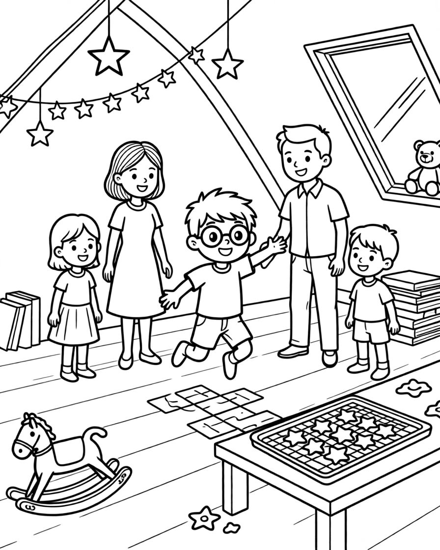 A boy with glasses playing hopscotch with a family of five in an attic playroom as star-shaped cookies cool on a tray.