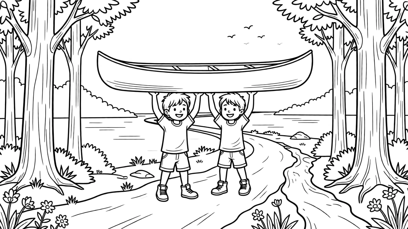 A pair of twin siblings, portaging a canoe overhead between two connected lakes on a forest trail.