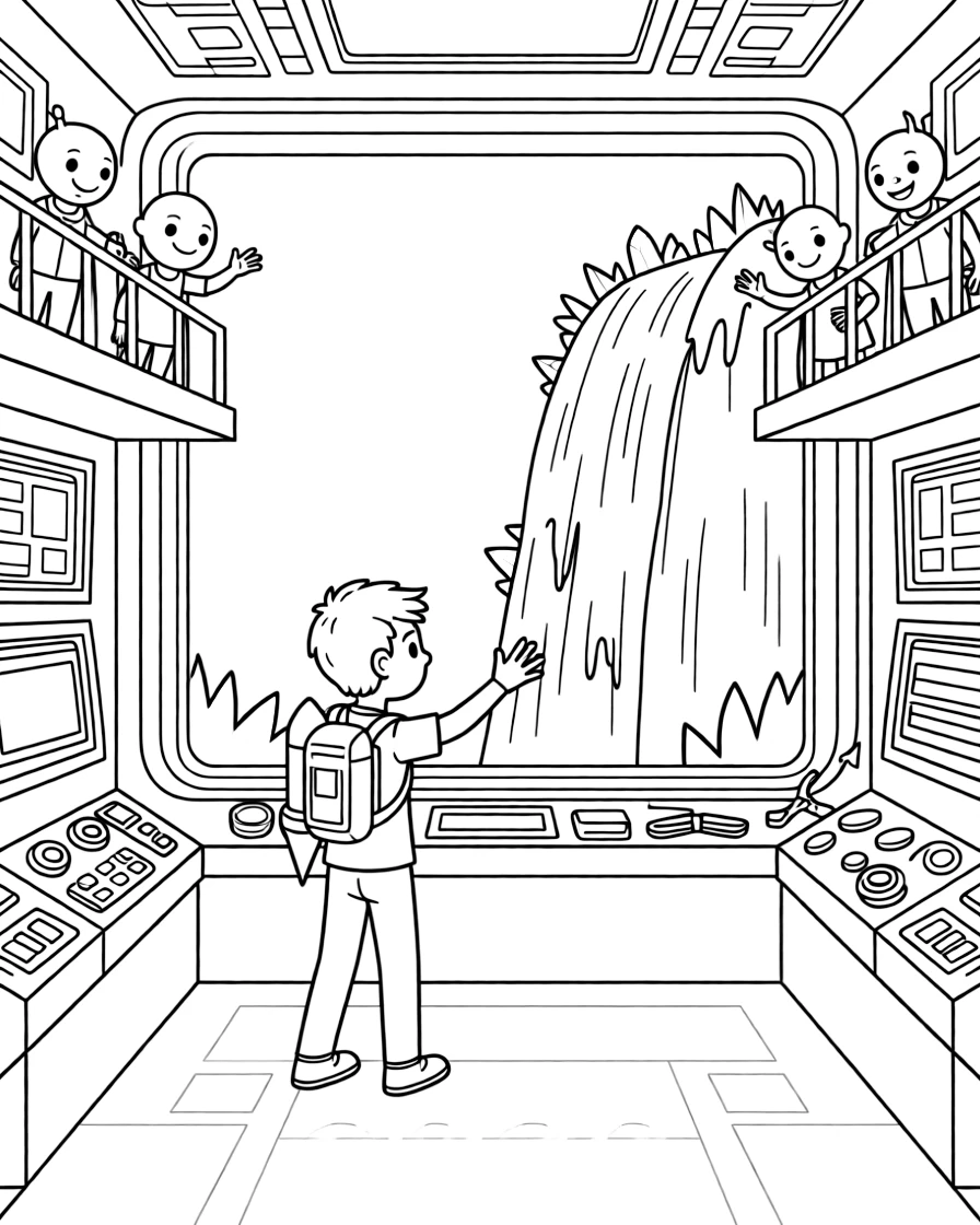 In a spaceship's bright control room full of blinking buttons and screens, inventor kid Flux testing a jetpack backpack collecting rainbow-colored ice crystals from a frozen waterfall, while friendly aliens waving from nearby balconies adds to the excitement.