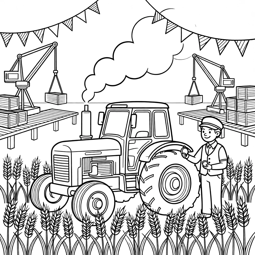 The scene captures a steam-powered tractor chugging through a wheat field in the middle of a busy harbor lined with docks, cranes, and stacked crates, with a cheerful conductor checking a pocket watch nearby and a string of triangle pennant flags overhead sprinkled around for extra fun.