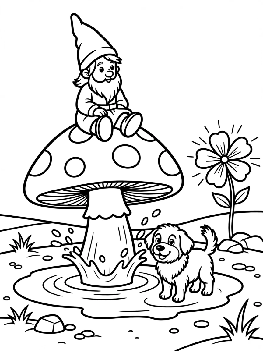 A mushroom-riding gnome pet splashing happily in a puddle with a sheepdog at the edge of a sandy desert, near a magical glowing flower.
