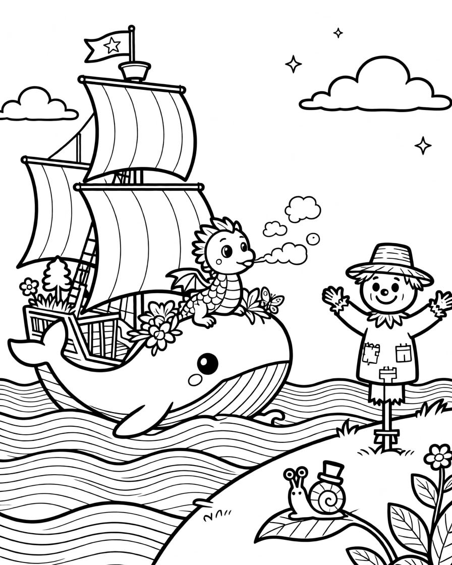 On a pirate ship sailing through candy-colored waves, a starry-eyed whale with a garden on its back is busy teaching a baby dragon to blow bubbles instead of fire, cheered on by a cheerful scarecrow waving from the field and a snail wearing a tiny top hat. It's shaping up to be the happiest day in the whole kingdom.