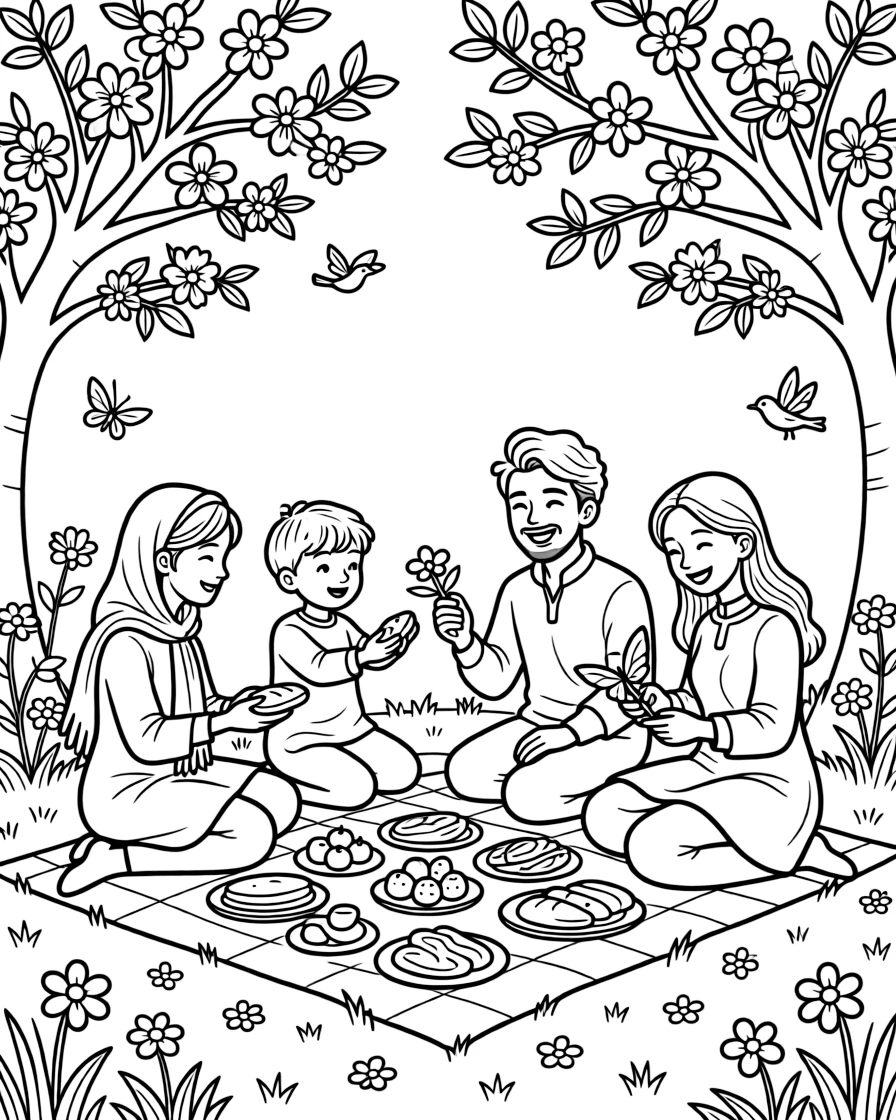 A coloring page of a heartwarming family scene in Iran showing a family having a picnic beneath blossoming trees for Sizdah Bedar, with everyone smiling and working together happily.