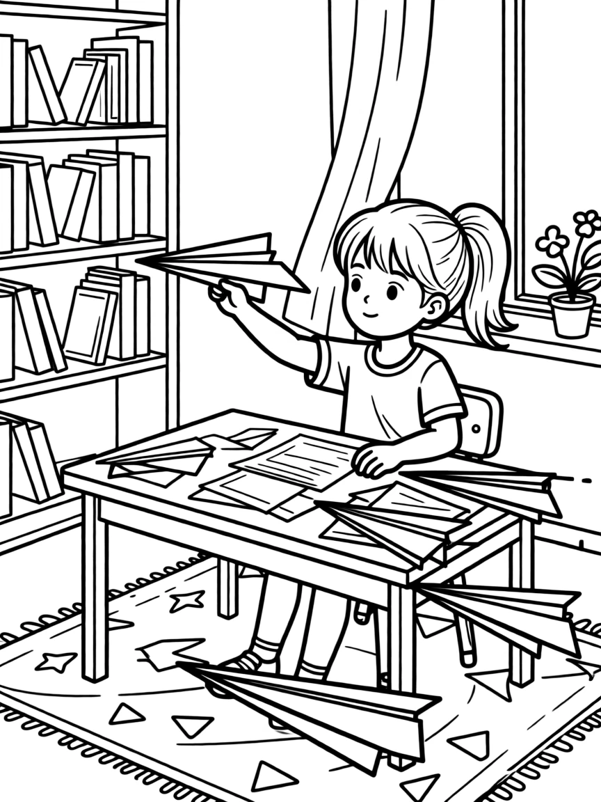 a determined young girl designs a paper airplane, testing which fold flies the farthest across the room.